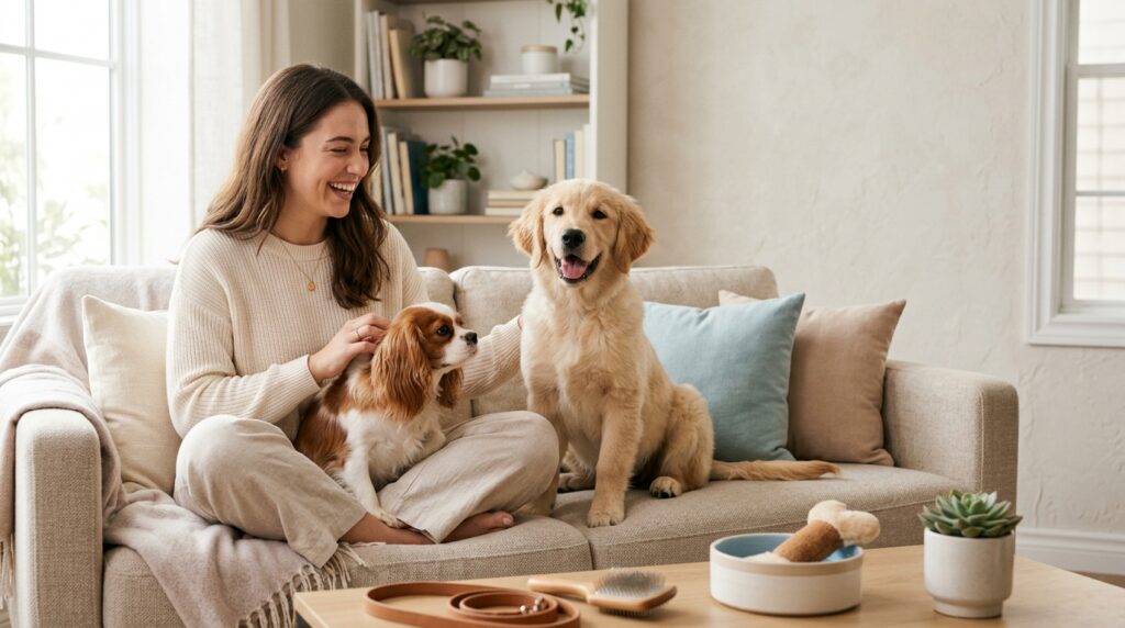 Người phụ nữ chơi cùng hai chú chó cưng, minh họa các giống chó dễ nuôi dành cho người mới bắt đầu